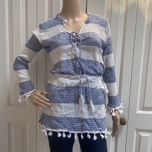 Blue Island Womens L Boho Fringe Long Sleeve Top. Blue and White stripes.